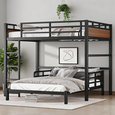 Metal and MDF wood-tone brown separable bed frame, Full XL over Full XL bunk bed with raised security fence, adaptable for growing household bedroom use