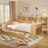 Full Size Wooden Daybed with Storage Shelves & Study Desk, Multi-Functional Bed with 2 Drawers, Natural