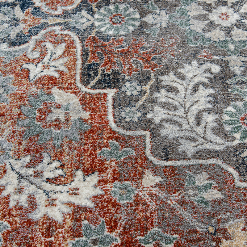 Tapis rouge / brun / gris tissé à la machine Selig, Rectangle 9 pi 10 po x 12 pi 10 po