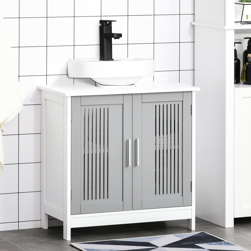 Unité de salle de bain sous le lavabo grise et blanche - 2 portes, peu encombrante, tablettes réglables, armoire de construction dans la tablette, pour les produits de nettoyage Plus