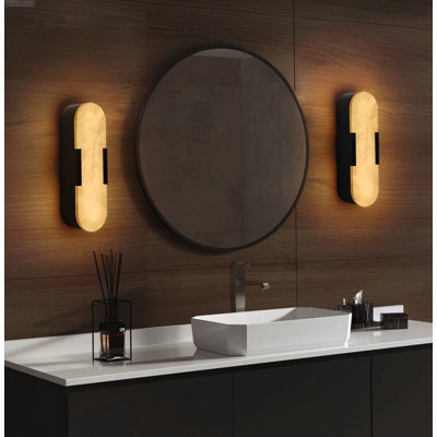 Set of 2 Modern Natural Alabaster Integrated LED Linear Sconces, Matte Black