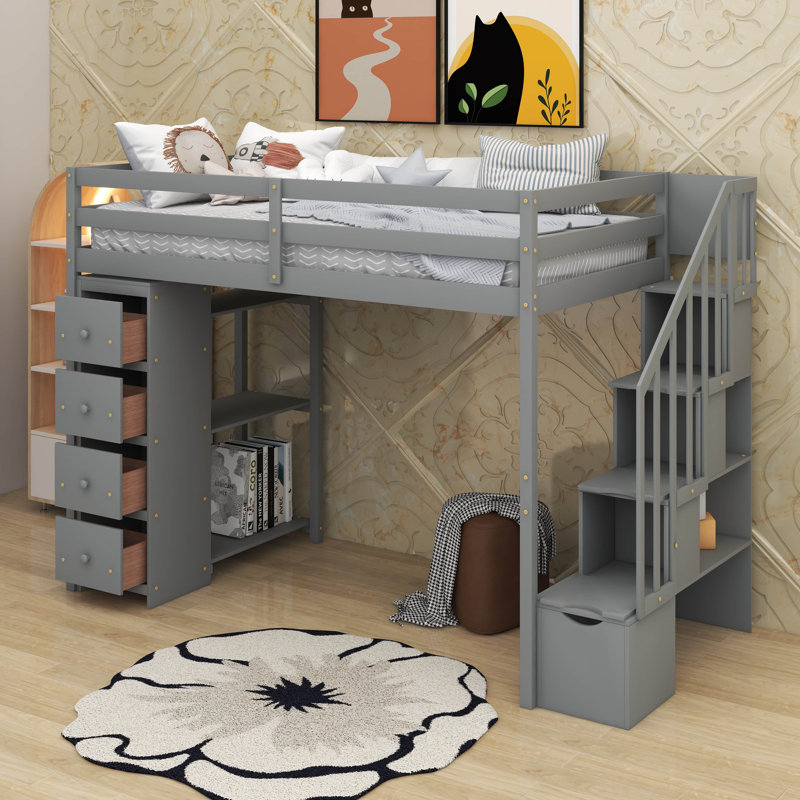 Lit mezzanine simple avec tiroirs et escaliers, gris