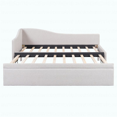 Twin Size Upholstered L-Shaped Upholstered Daybed with Pop Up Trundle, Beige
