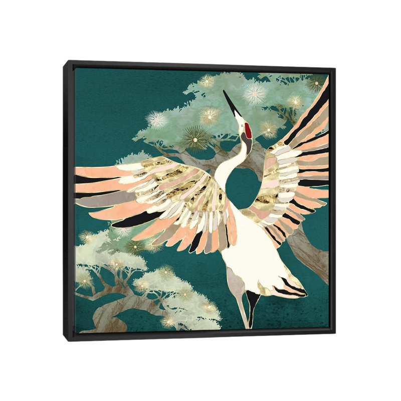Golden Crane - impression d'art graphique, H 37 po x l 37 po x P 1,5 po, Toile avec cadre noir, Aucun mat