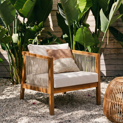 Desimone Outdoor Modern Acacia Wood Rope Lounge Chair with Cushions