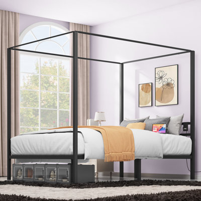 Purwin Metal Canopy Bed with Built-In Outlets