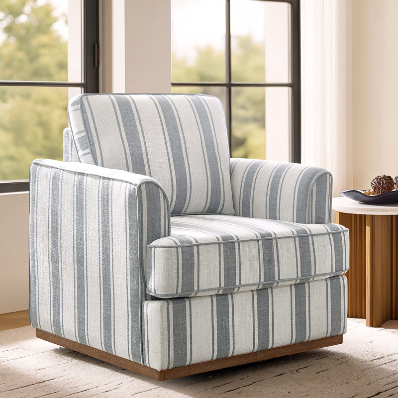 Parker Farmhouse 33'' W Upholstered Swivel Accent Armchair with Solid Wood Base, Blue