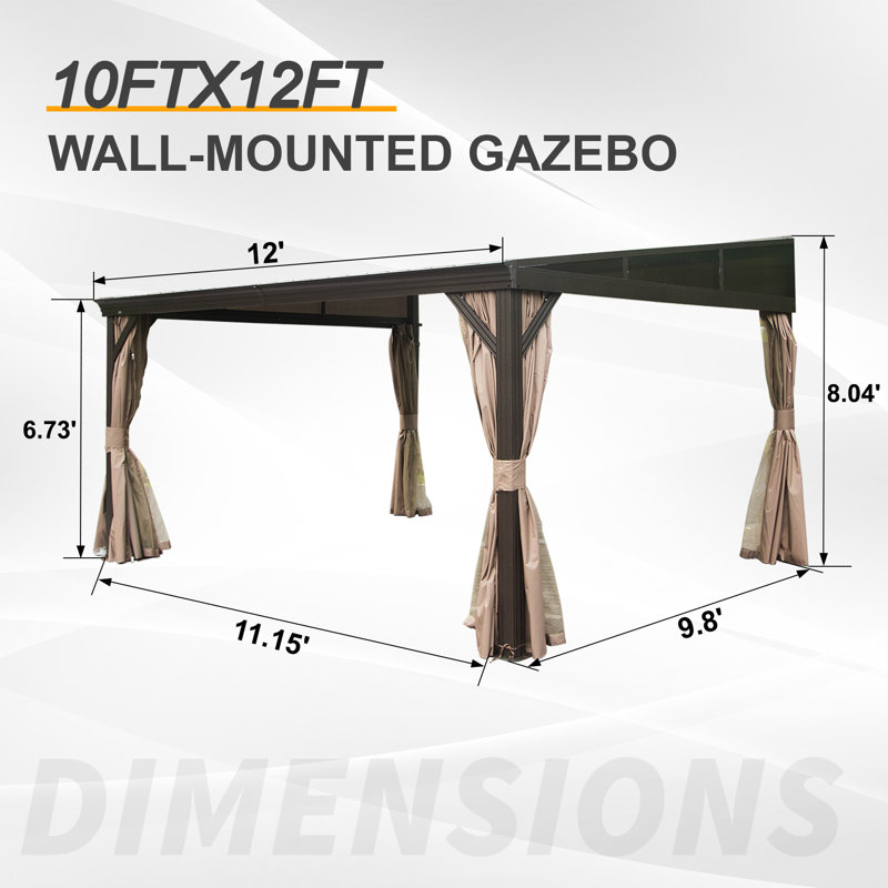 Aluminum Patio Gazebo Lean to Wall Mounted Pergola with Sloping Galvanized Steel Roof, 12 ft x 10 ft