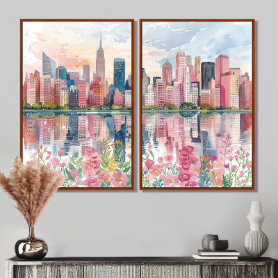 Édifices muraux roses et bleus de New York - Art mural rose 2 pièces
