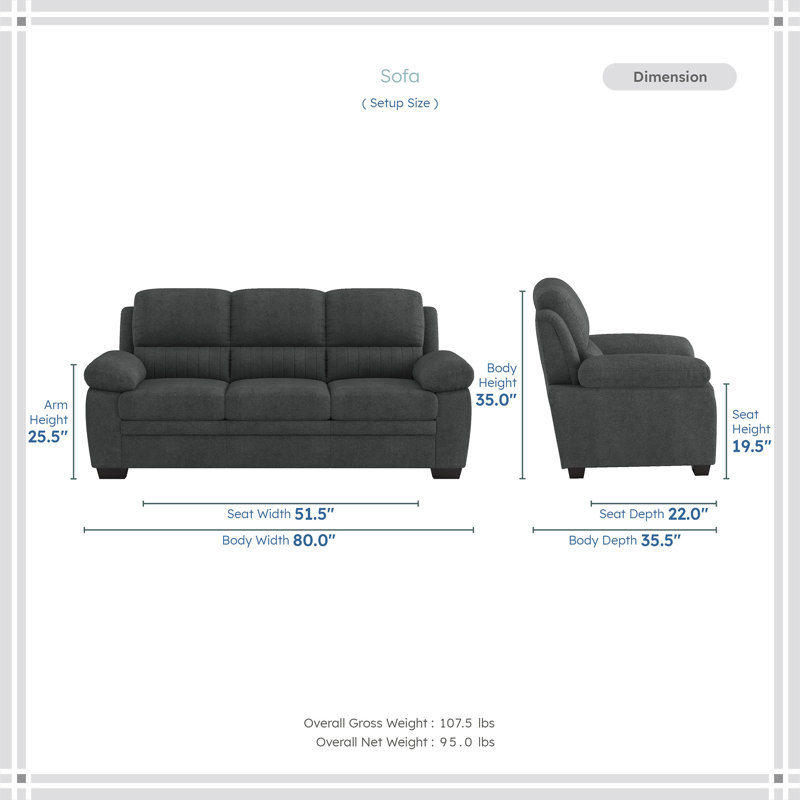 Mellitz 80'' Pillow Top Arm Fabric Upholstered Sofa, Dark Gray 100% Polyester