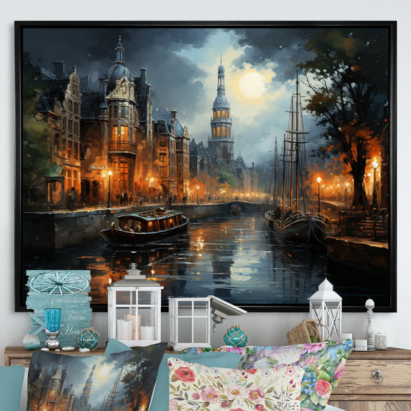 «Danemark Amsterdam Canal at Night I», reproduction sur toile, H 24 po x l 32 po x P 1 po, Cadre flottant noir