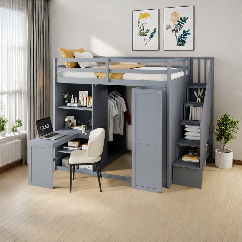 Lit mezzanine double avec garde-robe, bureau et tablettes, gris