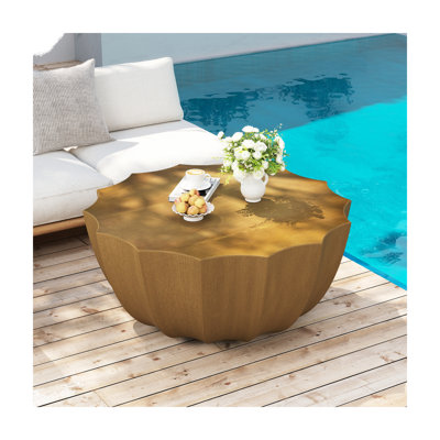 Table basse imperméable 35,43 po moderne pour l'extérieur et l'intérieur, conception en ciment MgO durable, convient aux terrasses, jardins, arrière-cours et salons (couleur grain de bois foncé)