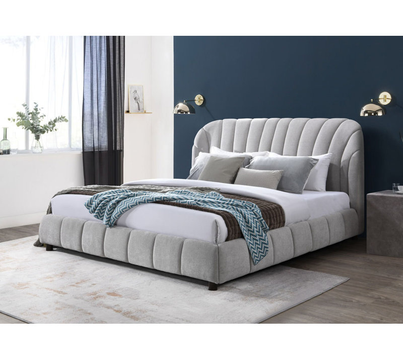 Upholstered Wingback Bed, Light Gray/Walnut, Queen