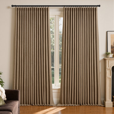 108 Inch Camel Tan Linen Pinch Pleated Curtains, Light Filtering Drapes for Living Room, Memory Trained Bohemian Neutral Curtains for Track System, 2 Panels