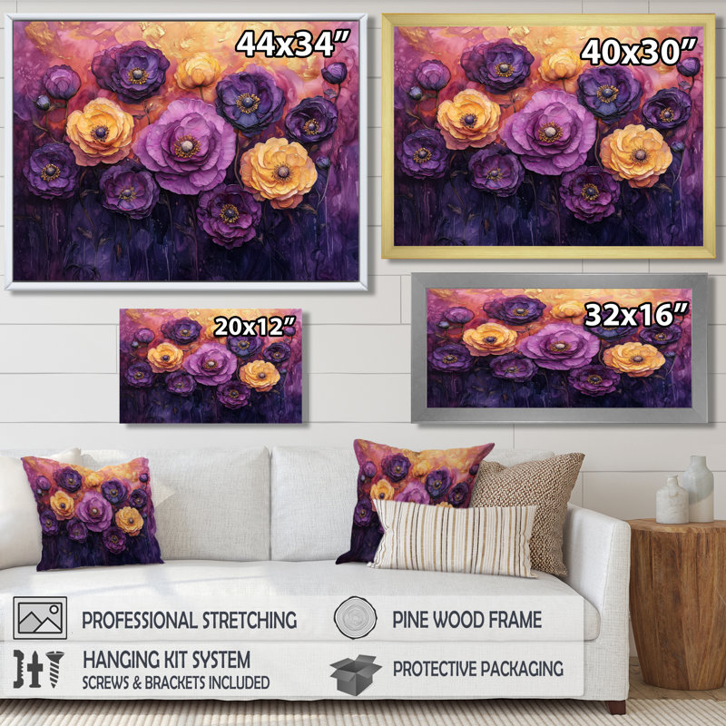 Lavande, fleurs de renoncule champ I - Renoncule, art mural sur toile, H 16 po x l 32 po, Encadrement argenté