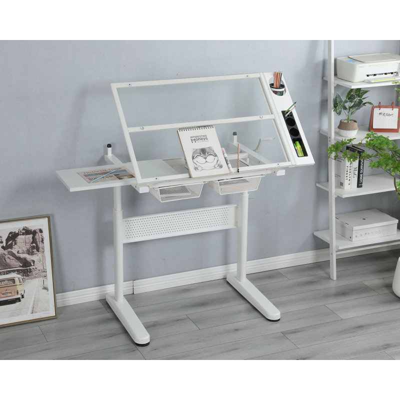 hand crank adjustable drafting table drawing desk with 2 metal drawers with Stool, White