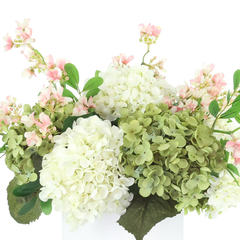 Hortensias et Stephanotis assortis dans un pot carré