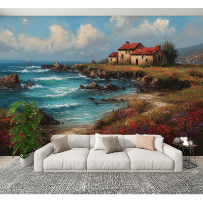 Papier peint adhésif à peler et coller, maison de bord de mer, toit rouge, rivage rocheux, voilier, mouettes, peintures murales, H 100 po x l 144 po, papier peint amovible en PVC, adhésif mural pour chambre à coucher, bureau à domicile