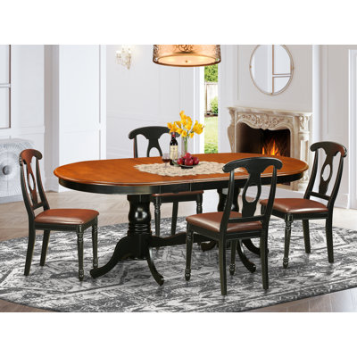 5 Piece Dining Room Furniture Set Includes an Oval Kitchen Table with Butterfly Leaf and 4 Faux Leather Upholstered Dining Chairs, Black & Cherry