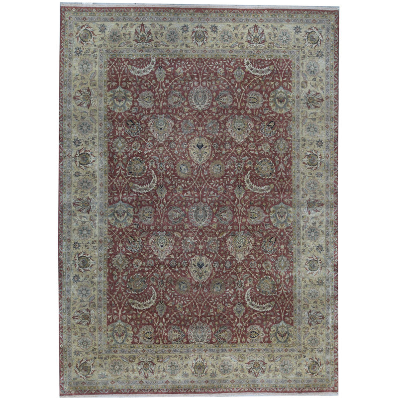 Tapis rouge / ivoire en laine noué à la main de conception unique 9 pi 10 po x 13 pi 7 po Aberdeen
