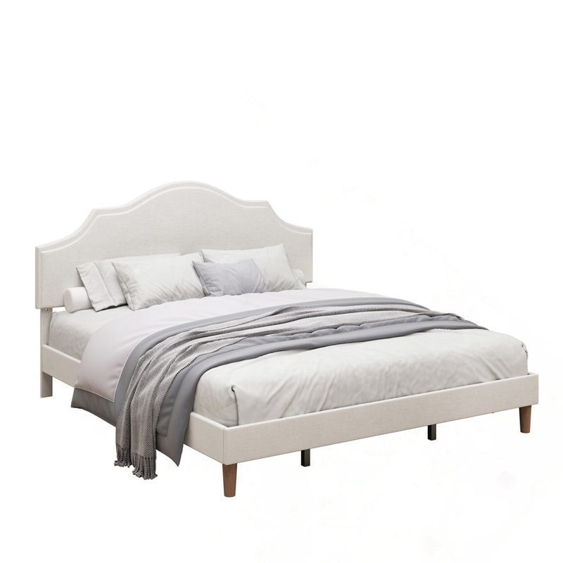 Upholstered Platform Bed With Adjustable Headboard, White, King