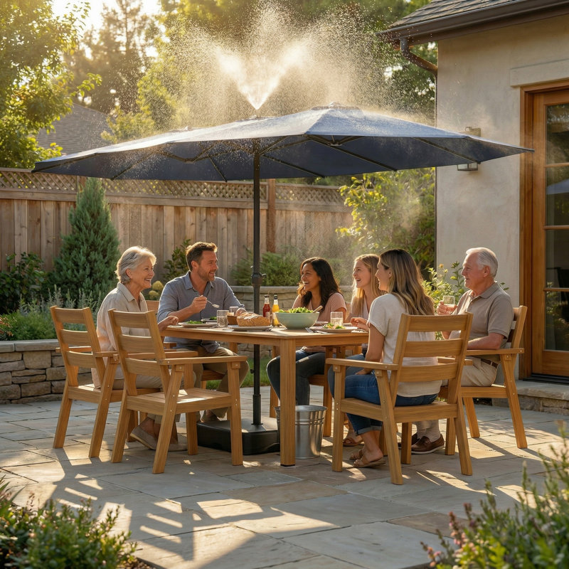 7-Piece HDPE Outdoor Dining Set With 15FT Misting Umbrella | Beat The Heat In Cool Comfort, Navy, 6