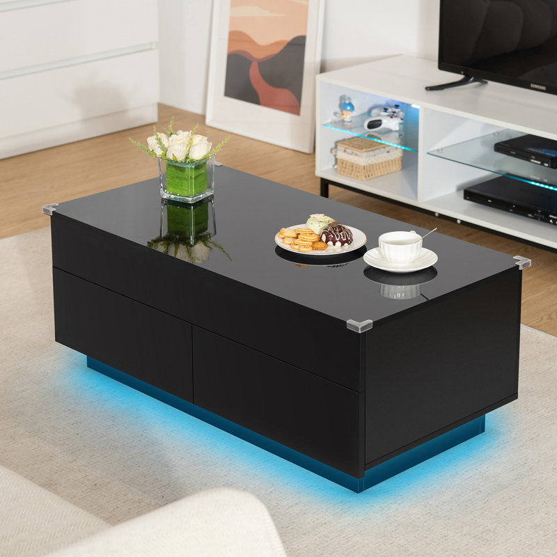 Black Rectangular Wood Lift-Top Coffee Table with Storage and LED Lights