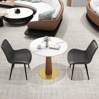 3-Piece Modern Round Sintered Stone Conference Table Set With 2 Leather Chairs
