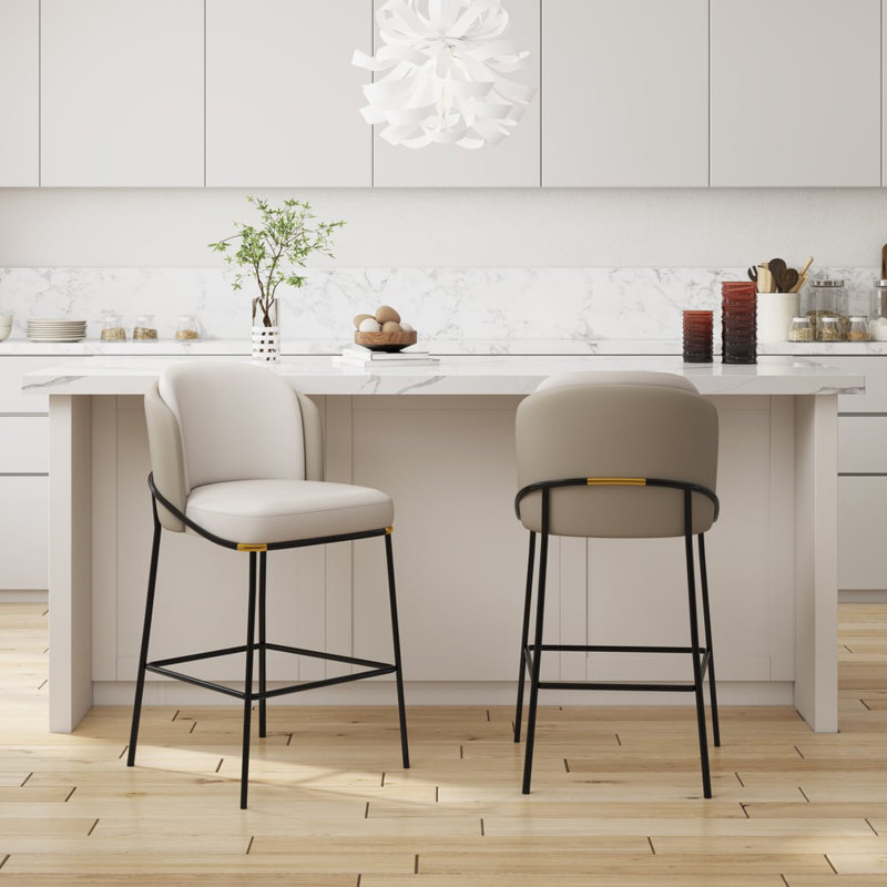 Set Of 4 Modern Bar Stools With Pu Leather Upholstery Beige And Gray