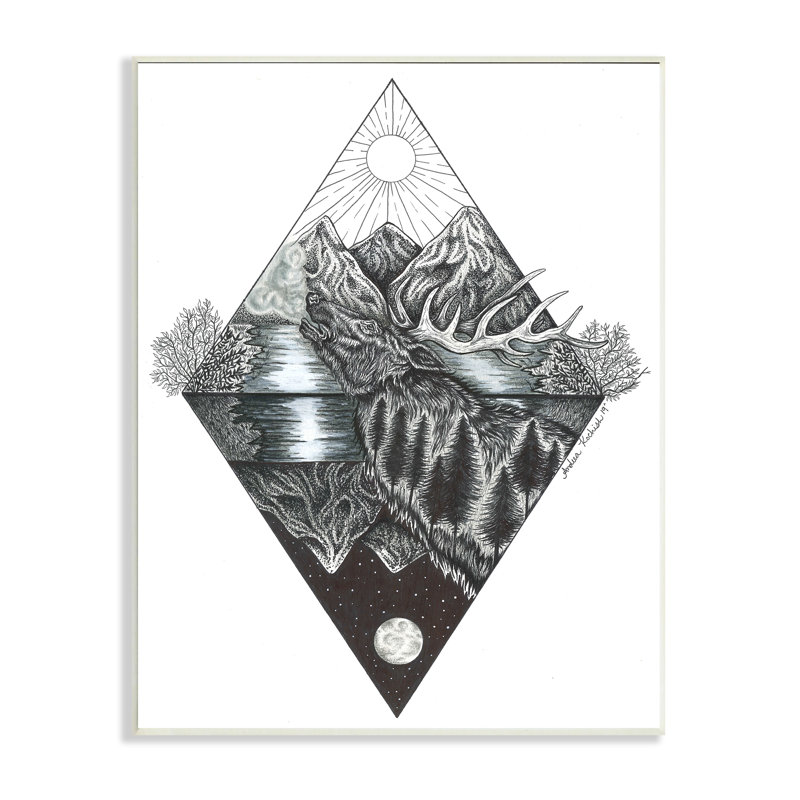 Portrait géométrique d'un élan de la forêt, jour et nuit, réflexion abstraite par Andrea Kochish - impression, Plaque murale