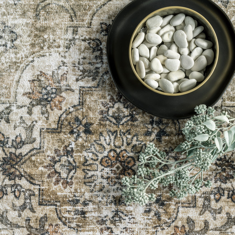 Paisley SpinClean Machine Washable Faded Floral Border Medallion Area Rug, Rectangle 6' x 9'
