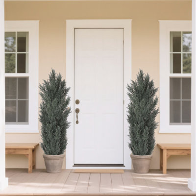 5Ft Artificial Tree Of 2 For Indoor Outdoor Decor, Dense Foliage, Long - Lasting, Space Saving, Ideal Homes Tall Faux 2Pcs/ Use, Realistic Easy Assembly, Plastic, Fits 8.3In Pots