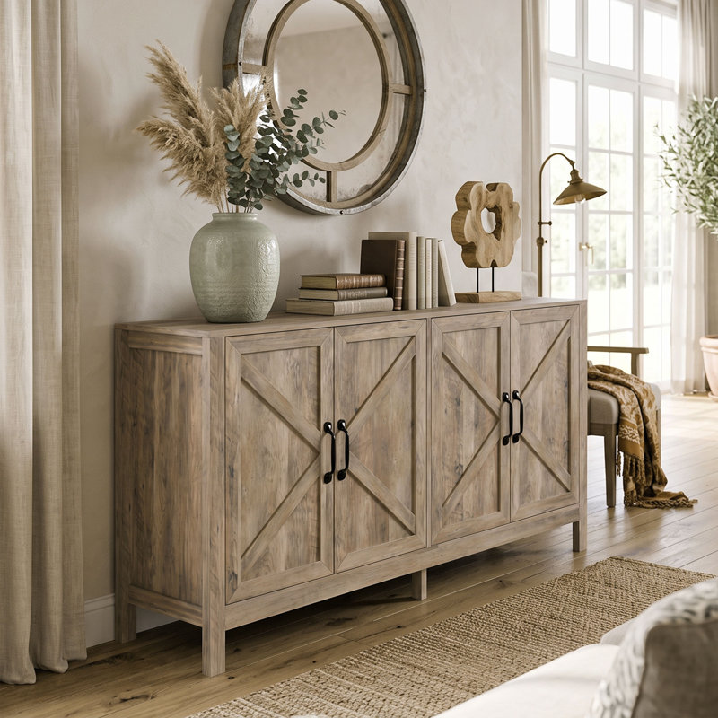 Meuble de rangement, buffet avec porte coulissante de style grange, étagère, gris pâle