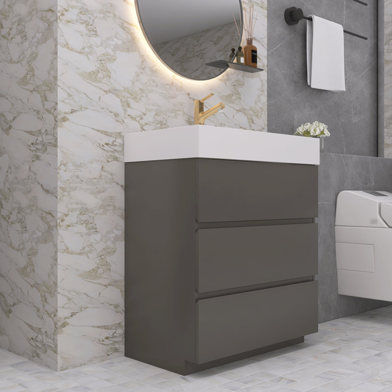 Ensemble de meuble-lavabo simple 29,9 po avec surface solide Codero, Gris, Blanc