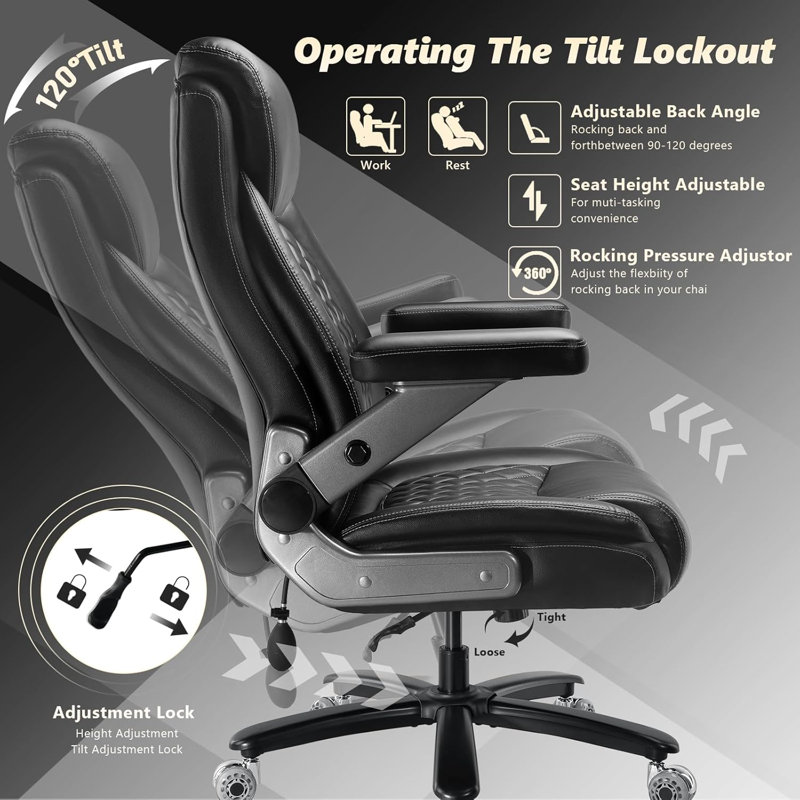 Inbox Zero 600LBS Large Heavy Duty Office Chair With 5D Flip Arms, Big And Tall Office Chair With Pocket Spring Cushion, Extra Wide Office Chair With Adjustable Lumbar Support,Dual Rubber Wheel