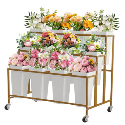 Flower Display Stand, 3 Tier Flower Cart with 12 Round Buckets and Wheels, Moving Flower Cart Display Stand for Garden, Wedding, Flower Shop, Gold