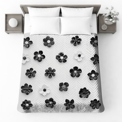 Black White Flowers Quilted Bedspread All Sizes