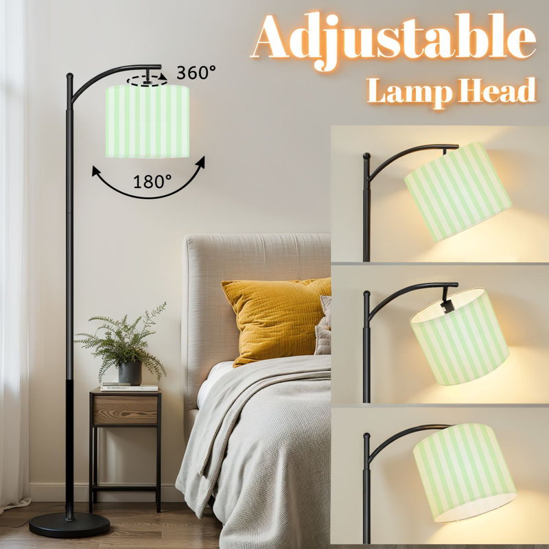 Lampe sur pied à arc avec abat-jour réglable vert doux blanc à rayures verticales Lampe sur pied minimaliste 3 températures de couleur à intensité variable pour poteau haut avec interrupteur au pied pour la chambre à coucher