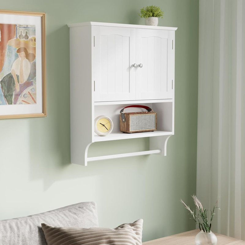 White Bathroom Cabinet Wall Mounted With Towels Bar, Bathroom Medicine Cabinet With 2 Door Adjustable Shelves, Over Toilet Cabinet For Bathroom Laundry Room Kitchen