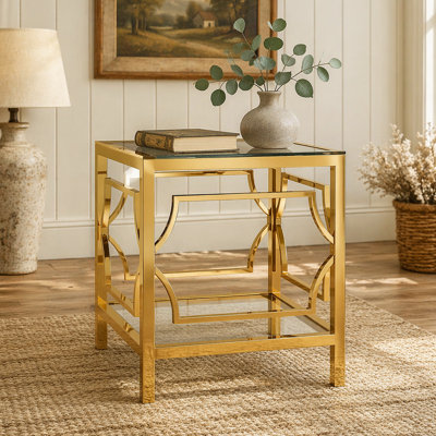 19.7" Modern Gold Square Side Table with Tempered Glass Top & Storage Shelf, Luxury Glam End Table with Metal Frame for Living Room, Bedroom, Sofa Side, Small Space Accent Table