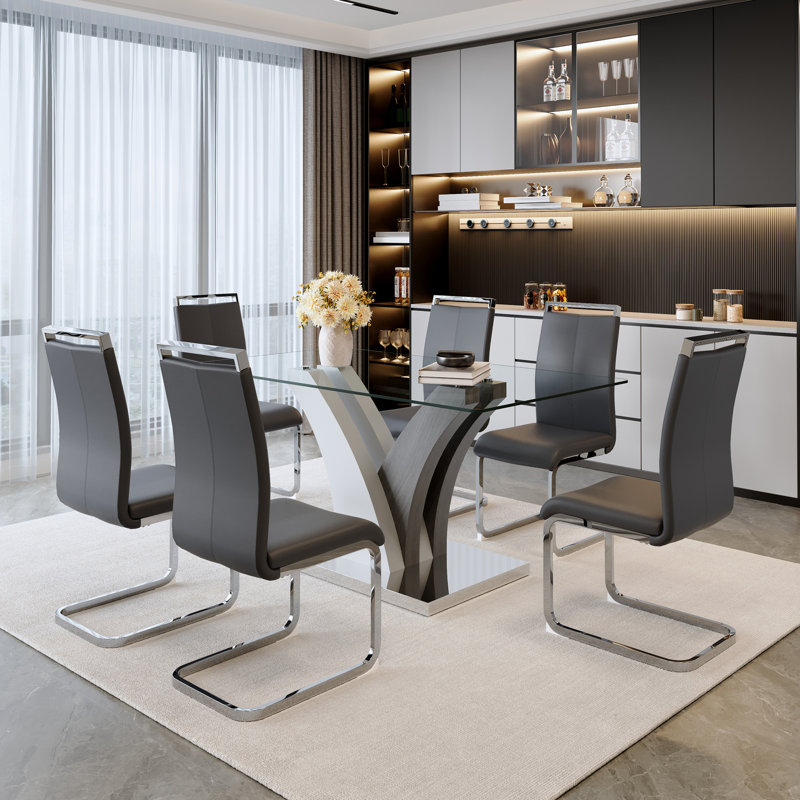 Aurelia Modern 63" Tempered Glass Dining Set - PU Leather Chairs with Chrome Cantilever Base, Drak Gray/Silver