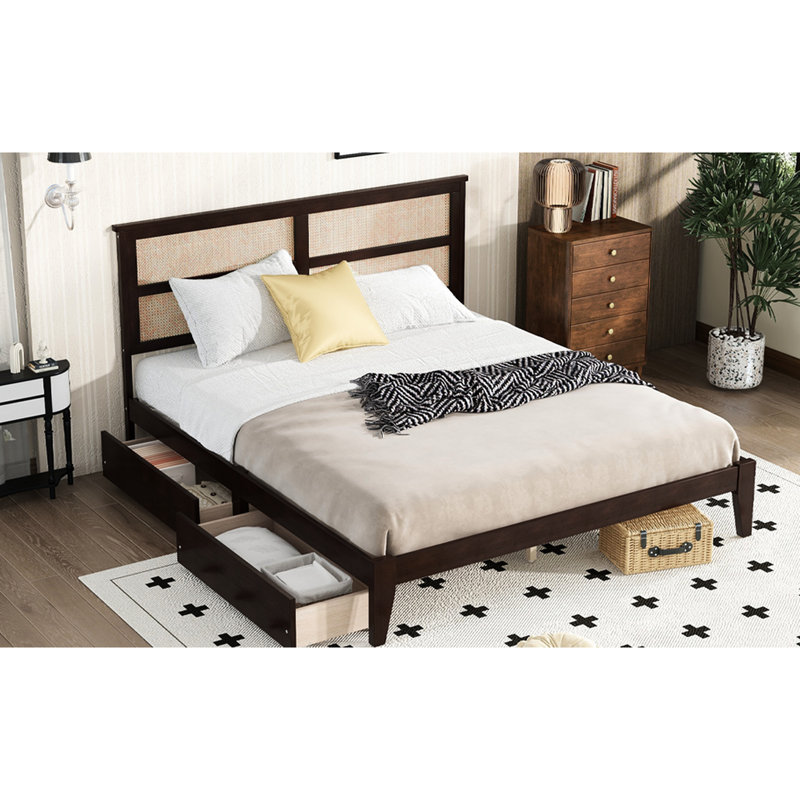 Très grand lit avec tête de lit séduisante et 2 tiroirs de rangement élégants, Très grand lit, Espresso