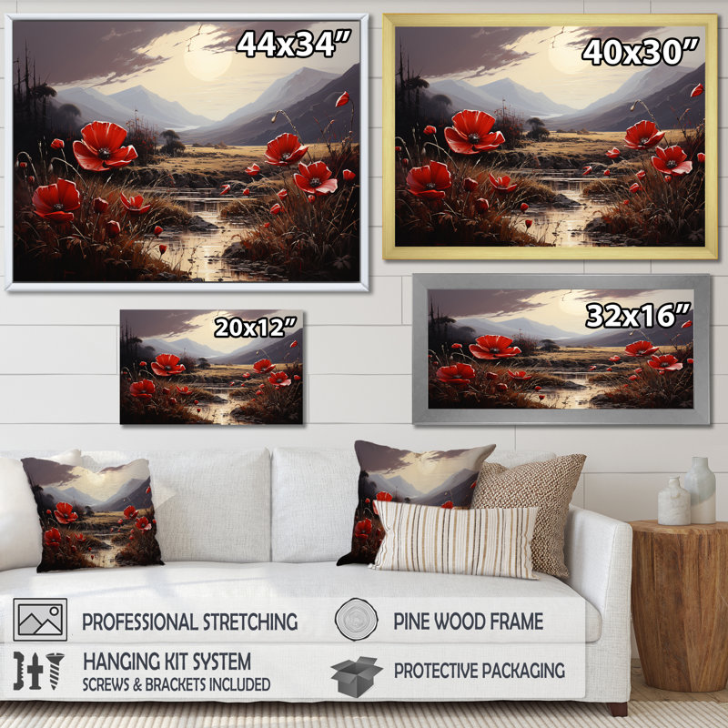 «Red Crimson Flower S Embrace», impressions sur toile fleurie, Cadre simple noir, H 24 po x l 32 po x P 1 po