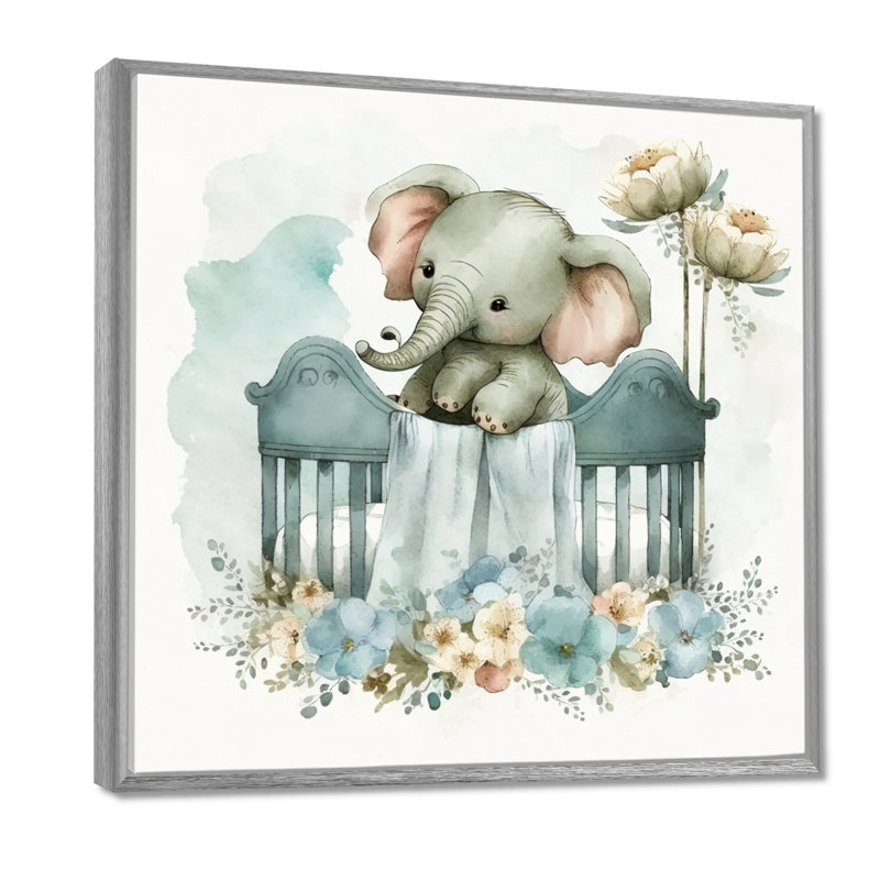 Bébé éléphant dans un lit de bébé avec des fleurs I - Éléphant, art mural, H 24 po x l 24 po, Encadrement argenté