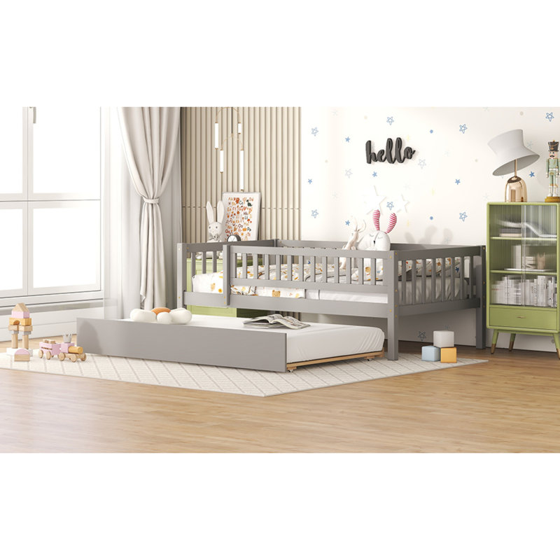 Wood Daybed With Trundle And Fence Guardrails, Gray, Twin