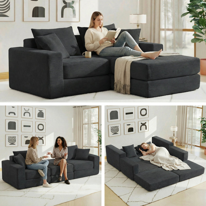 73" Cloud Modular Sectional Sofa, Comfy Compression Couch for Living Room, DarkGray