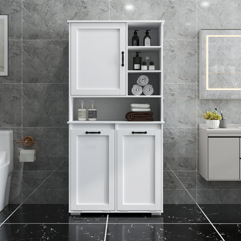 Armoire à linge autoportante avec portes et tablettes réglables, panier à linge inclinable, plusieurs espaces de rangement, blanc