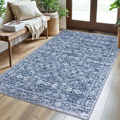 Blue Area Rugs Washable Rug for Living Room Bedroom Rug with Rubber Backing