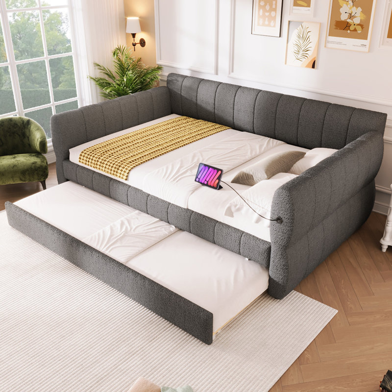Queen Size Upholstered Platform Bed with USB Ports & Trundle – Gray Storage Guest Bed for Modern Bedrooms, Gray